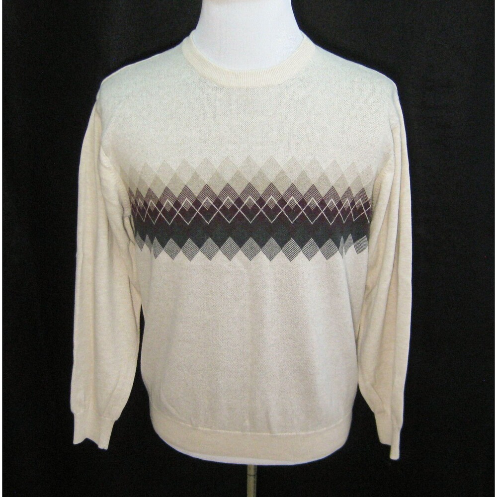 F/X FUSION Men's (Size Large) Beige Argyle Long Sleeve Sweater Crewneck Pullover